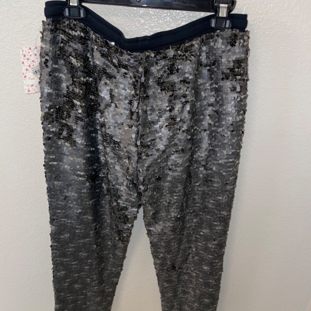 FREE PEOPLE Sequin Party Gunmetal Gray Drawstring Jogger Pants Size S - Picture 2 of 14
